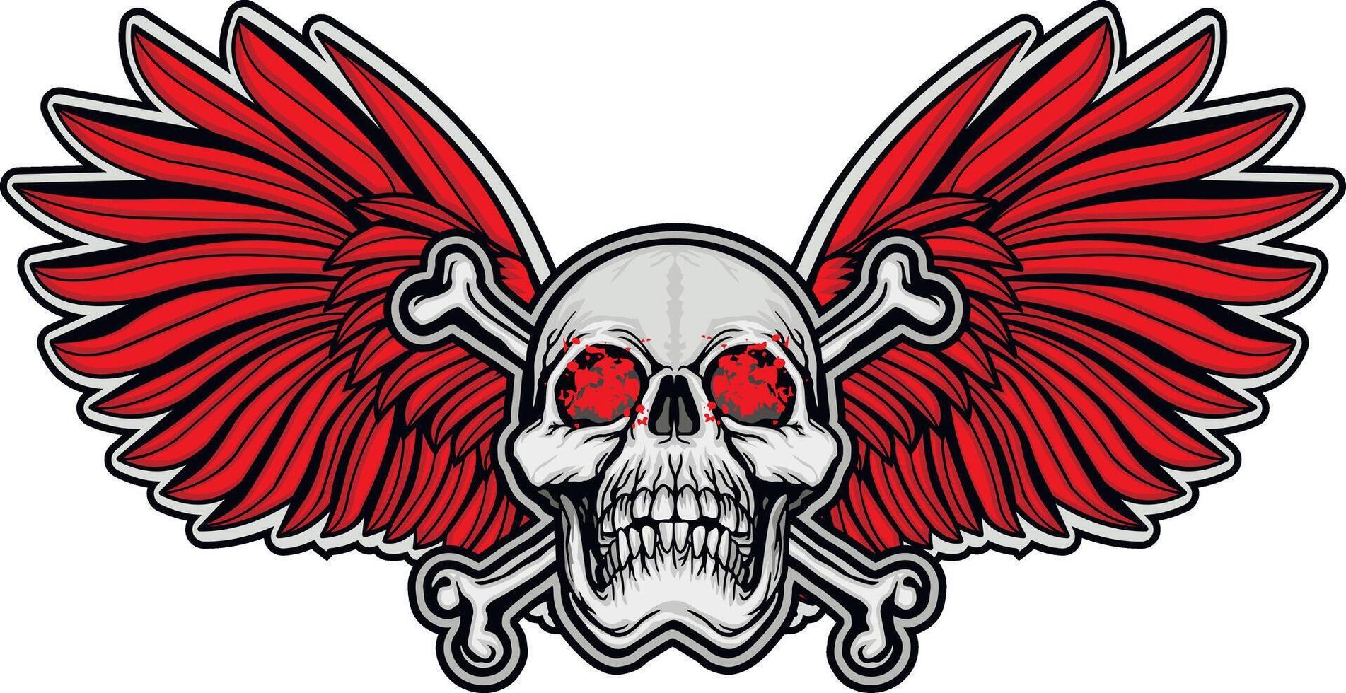grunge skull with bones and red wings vector