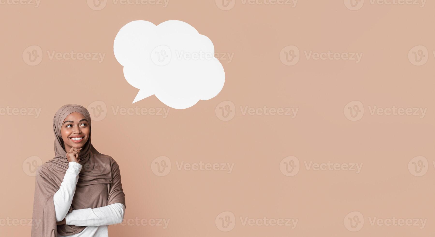 Thoughtful Black Muslim Woman In Hijab Posing Over Yellow Background With Empty Speech Bubble Above Her Head, Free Space photo