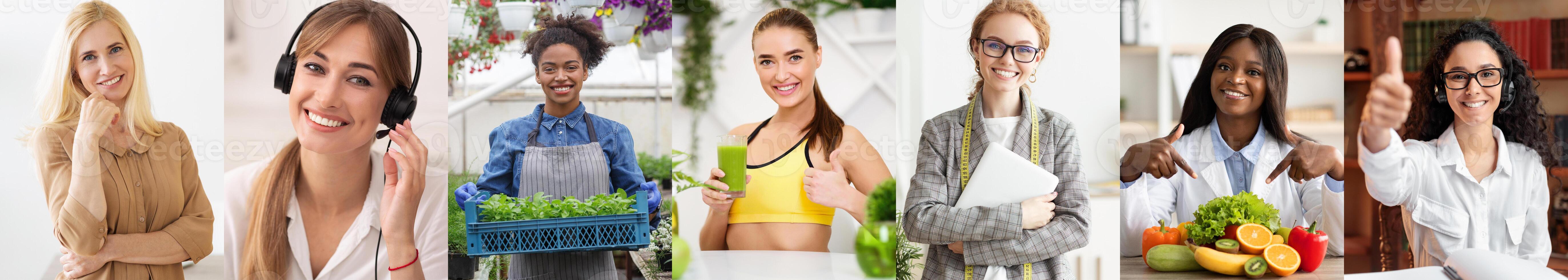 Six women of different ages are featured, each showcasing a healthy lifestyle choice. One woman holds a container of fresh greens, another holds a glass of green juice, another is wearing a sports bra photo