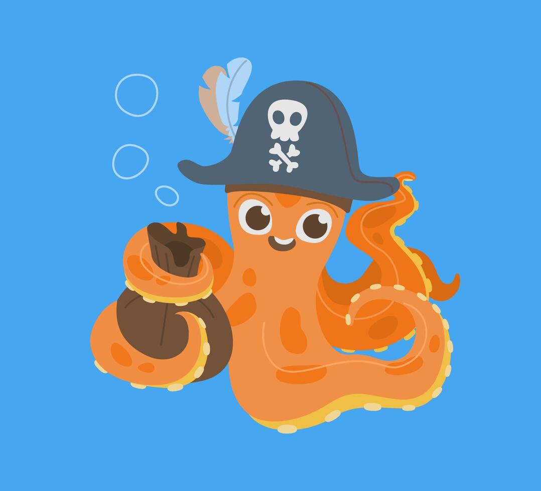Cartoon pirate octopus holding treasure bag vector