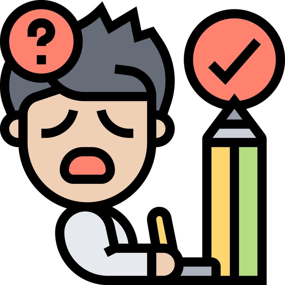 A cartoon man is sitting at a desk with a pencil and a question mark vector