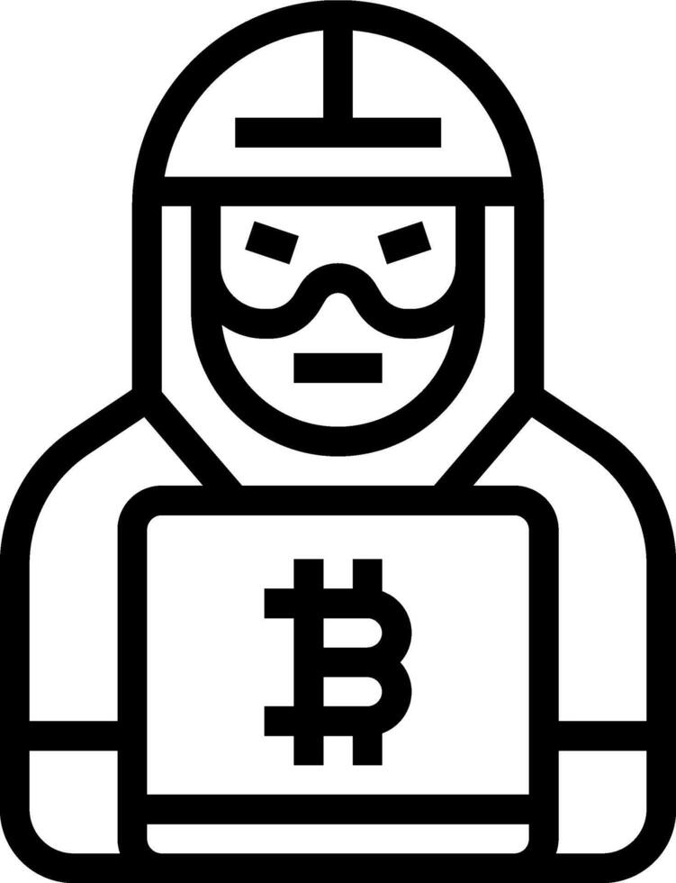A black and white icon of a man in a mask holding a bitcoin vector