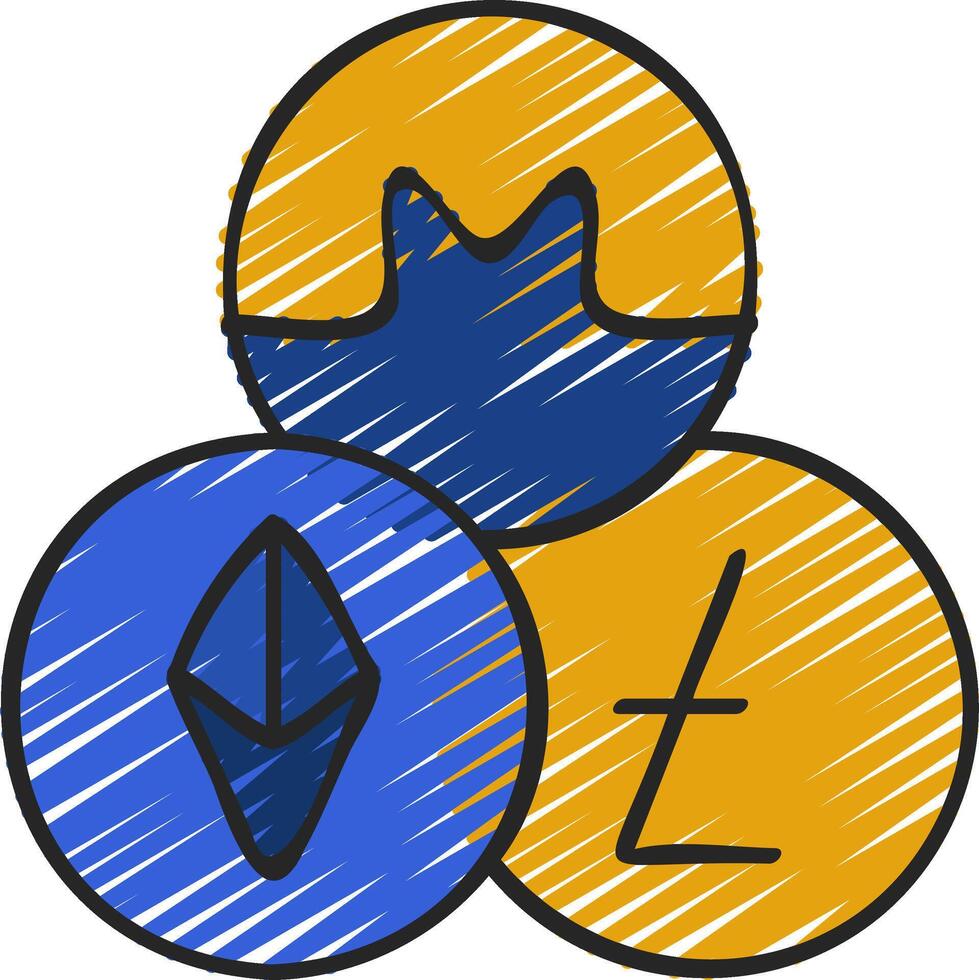 Crypto currency icons with a dollar sign, euro sign and a coin vector