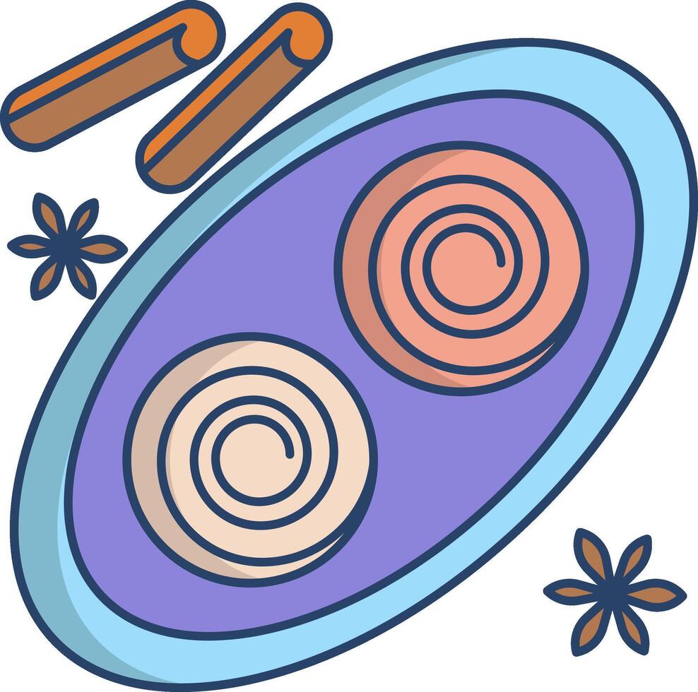 A plate with two rolls of cinnamon rolls and a spoon vector