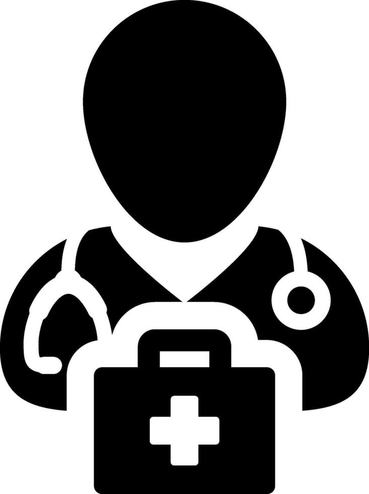 A black and white silhouette of a doctor holding a first aid kit vector