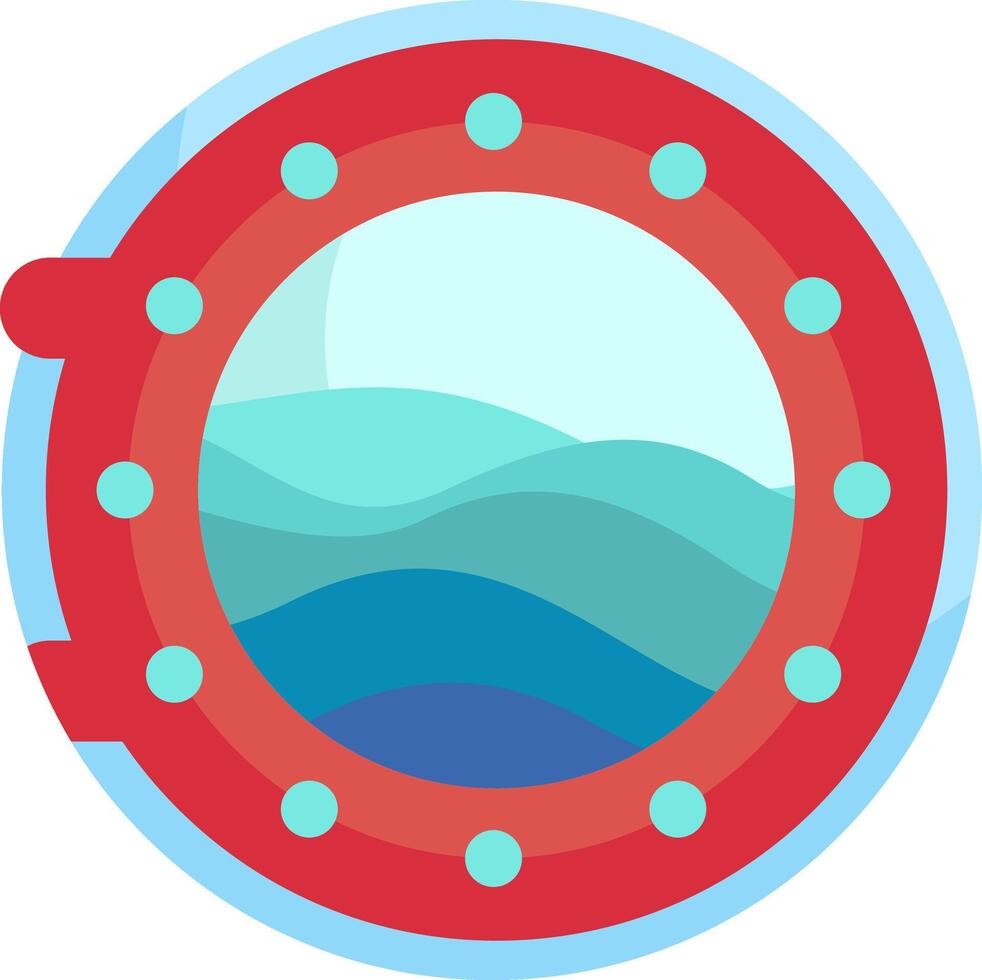 A red and blue circular porthole with a blue and white ocean vector