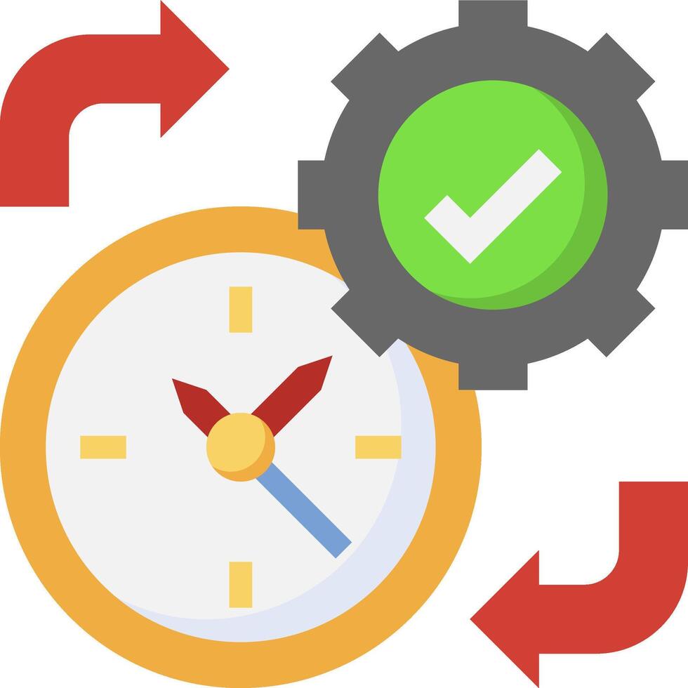 A clock with a green tick and a red arrow pointing to it vector