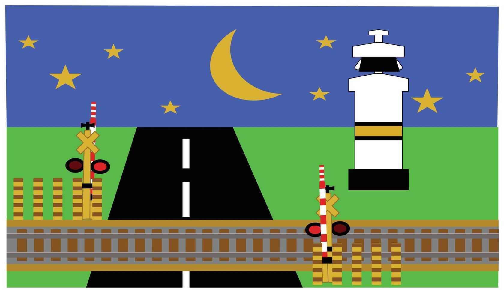 Design element illustration of night atmosphere in the middle of a road intersection with a railroad crossing. under the bright stars and moon. vector