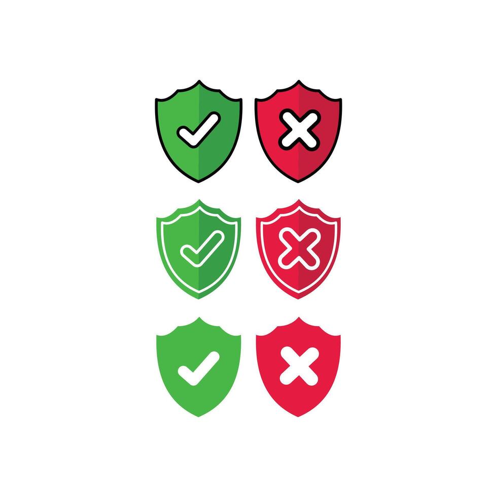 Shield and check mark icons set. Illustration in flat style. Design element illustration of protected symbol and protected or unprotected notification icon vector