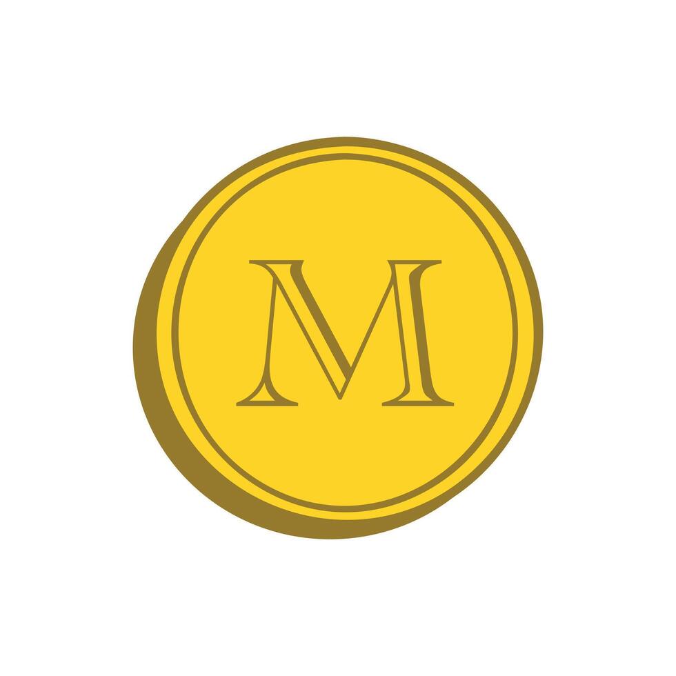 Gold coin with the letter M in the center. Money icon in flat style. Banknote illustration on white isolated background. Dollar business concept. vector