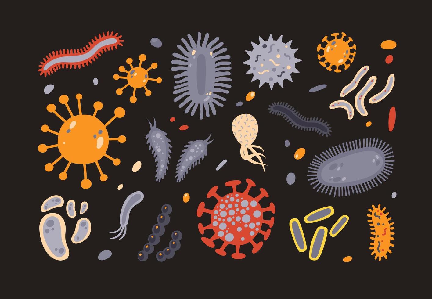 Collection of various microorganisms isolated on black background. Set of germs, pathogens, protozoa, microbes. Bundle of disease causing bacteria and viruses. Colorful flat illustration. vector