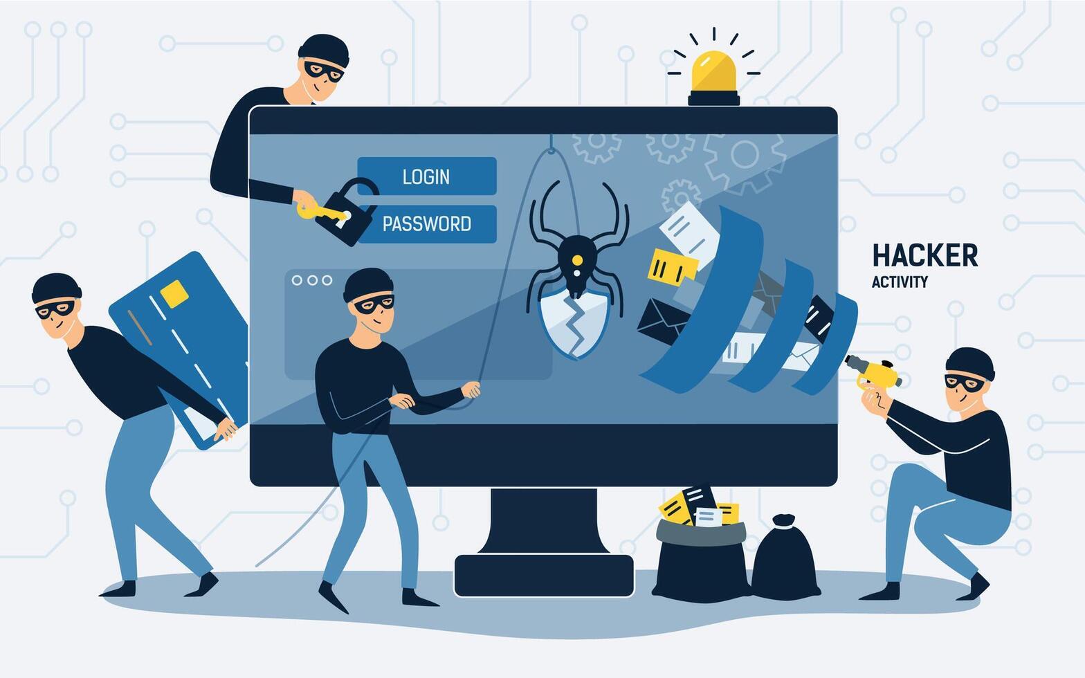 Criminals, burglars or crackers wearing black hats, masks and clothes stealing personal information from computer. Concept of hacker internet activity or security hacking. Cartoon illustration. vector