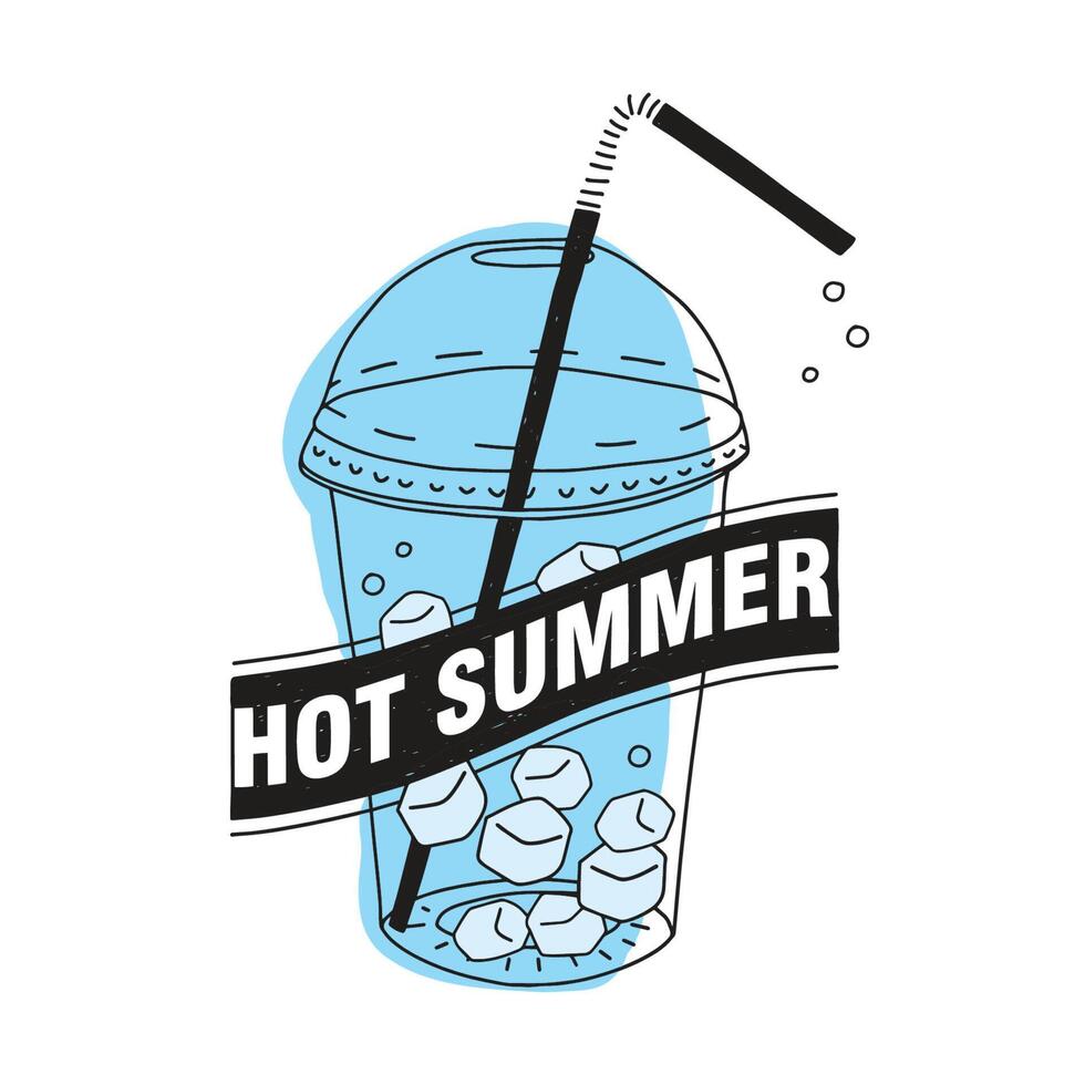 Hot Summer inscription written on black ribbon against transparent plastic cup with cap, straw, fresh drink or cold beverage and ice cubes inside isolated on white background. illustration. vector
