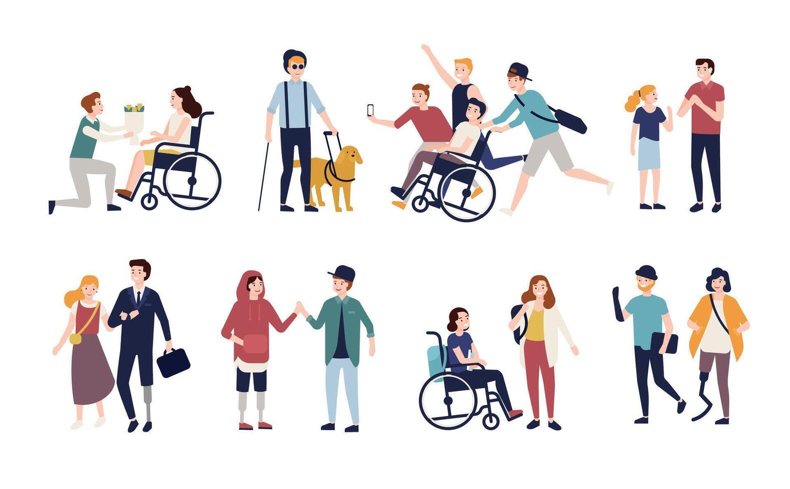 Collection of disabled people with their romantic partners and friends. Set of men and women with physical disorder or impairment with mates and family. Flat cartoon characters. illustration. vector