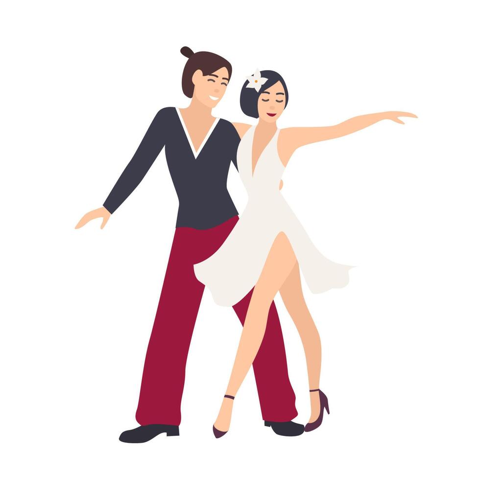 Couple of dancers dressed in elegant clothing demonstrating salsa figure. Pair of young man and woman performing passionate dance isolated on white background. Flat cartoon illustration. vector