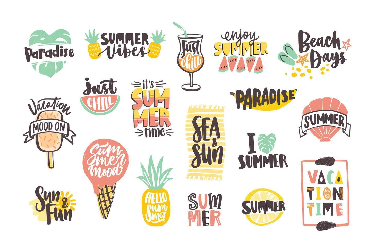 Collection of bright colored summer lettering handwritten with calligraphic fonts and decorated with tropical fruits, exotic leaves, ice cream, sun and shells. Creative hand drawn illustration. vector