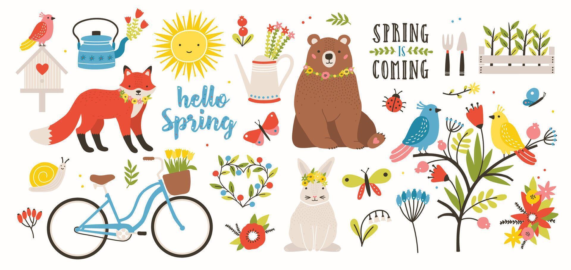 Spring set. Collection of cute animals, birds and insects, blooming flowers and floral decorations, bicycle isolated on white background. Bright colored illustration in flat cartoon style. vector
