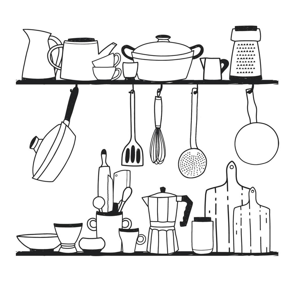 Various kitchen utensils for cooking, tools for food preparation or cookware standing on shelves and hanging on hooks on white background. illustration hand drawn in monochrome colors. vector