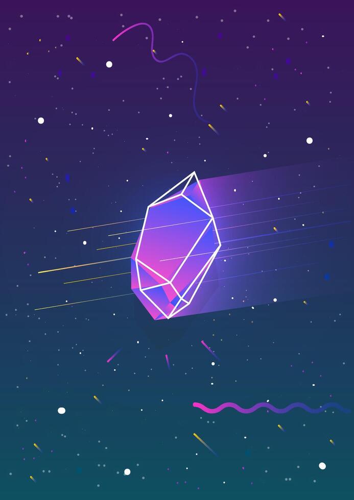 Abstract vertical backdrop with glowing gradient colored faceted crystal and its outline against beautiful night sky full of stars on background. Colorful illustration in contemporary style. vector