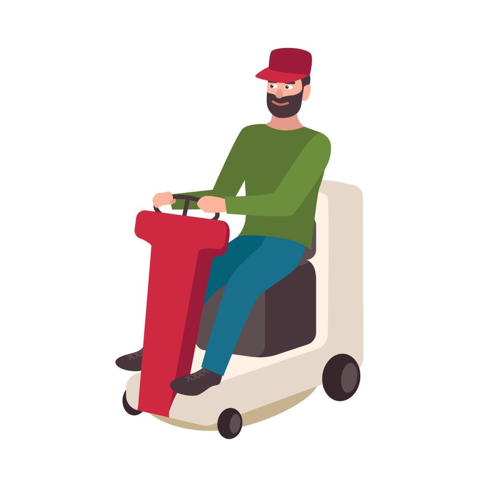Happy bearded man sitting on lawn mower isolated on white background. Smiling male cartoon character riding electric cart. Janitor, gardener, yardman. Colorful illustration in flat style. vector
