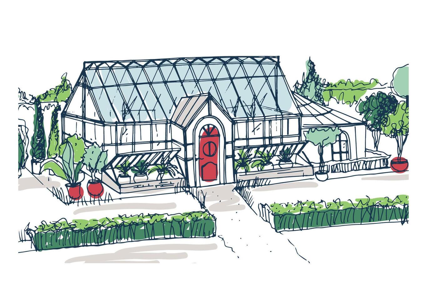 Drawing of elegant glasshouse building with red entrance door surrounded by bushes and trees growing in pots. Freehand sketch of facade of glass greenhouse. Colorful hand drawn illustration. vector
