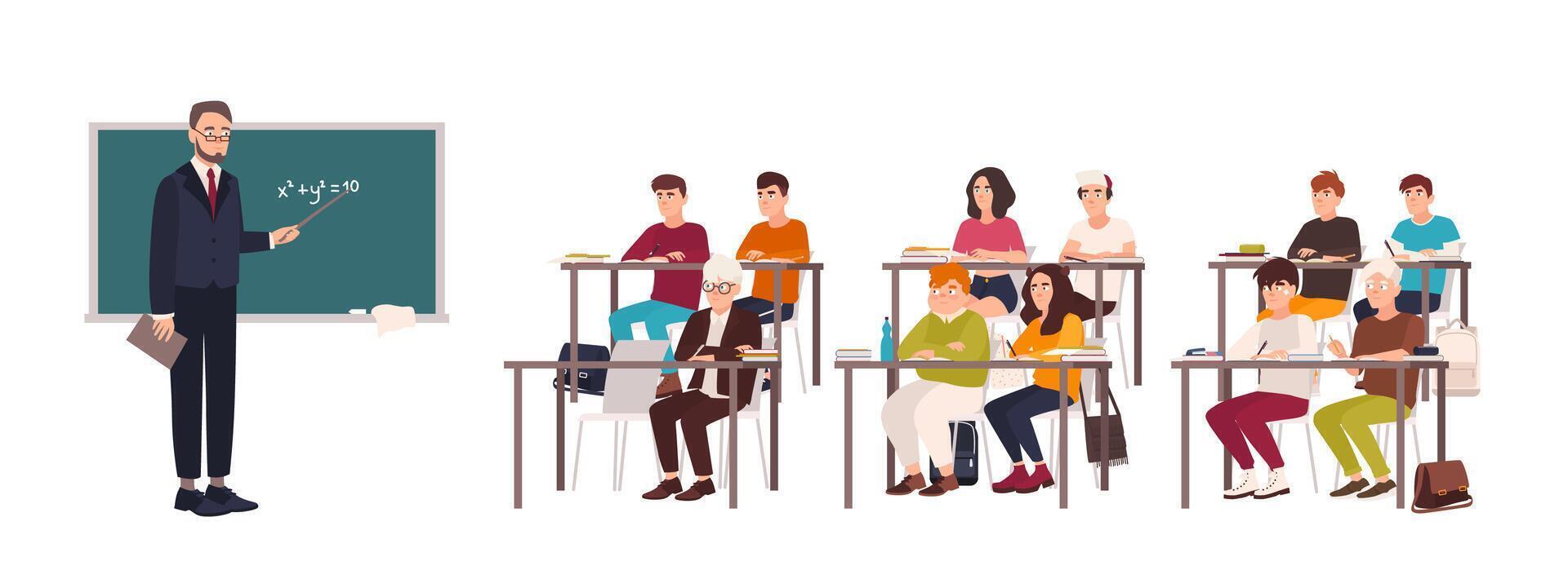 Pupils sitting at desks in classroom, demonstrating good behavior and attentively listening to teacher standing beside chalkboard and explaining lesson. Flat cartoon characters. illustration. vector