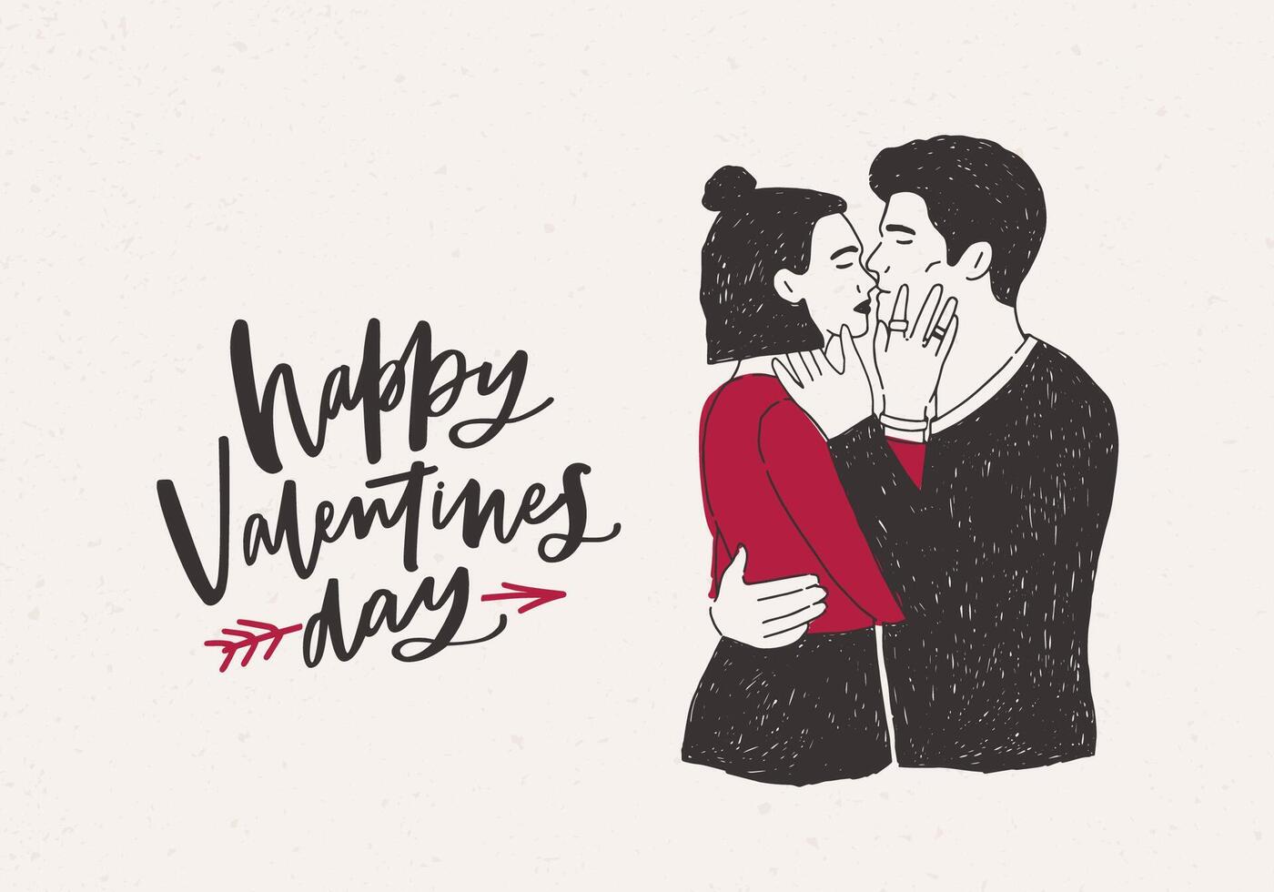 Greeting card template with pair of hugging and kissing hipster boy and girl or passionate lovers and Happy Valentine's Day wish pierced by arrow on light background. Hand drawn illustration. vector