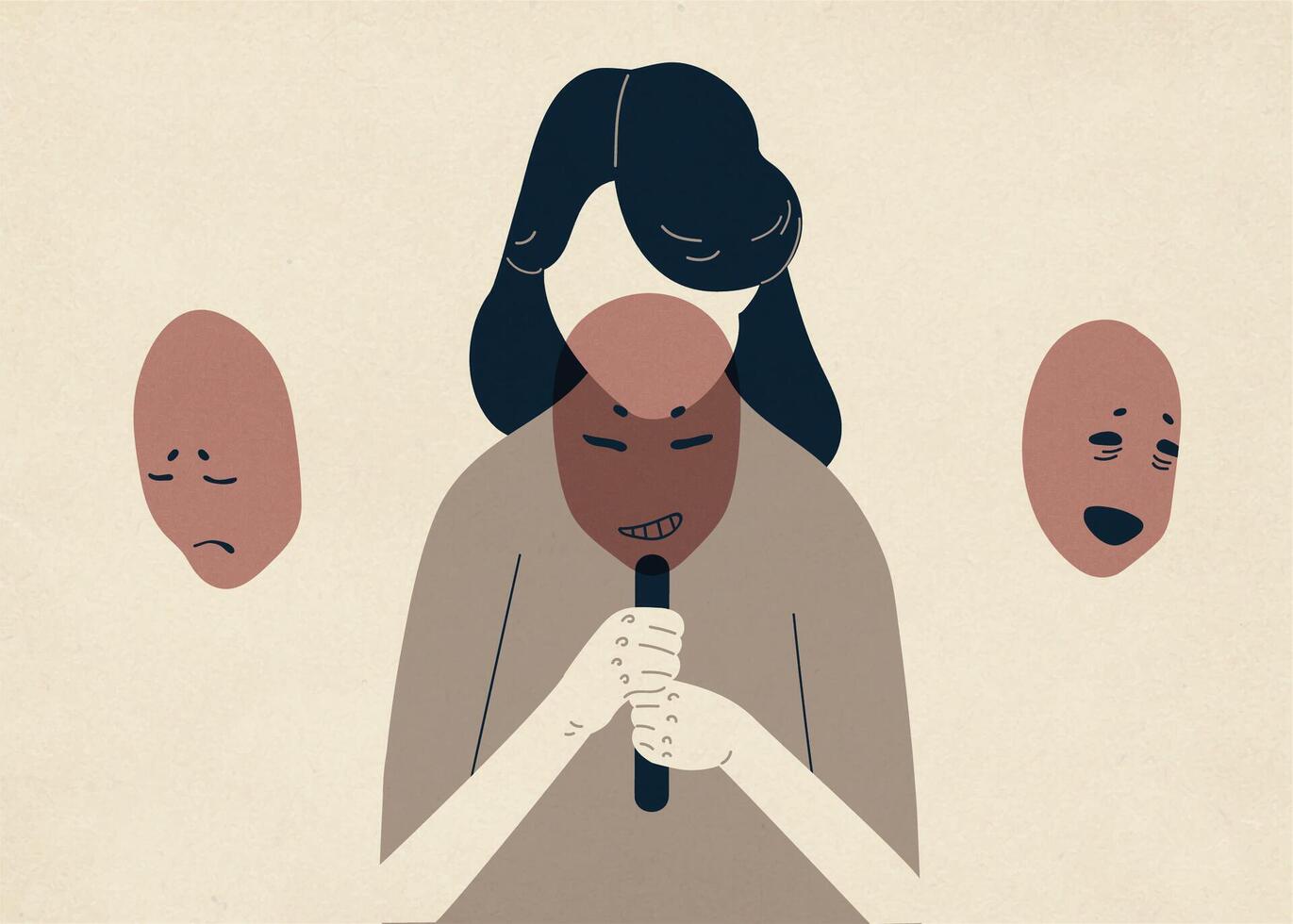 Woman with lowered head covering her face with masks expressing various emotions. Concept of changing natural personality to conform to social requirements and pressure. Colorful illustration. vector