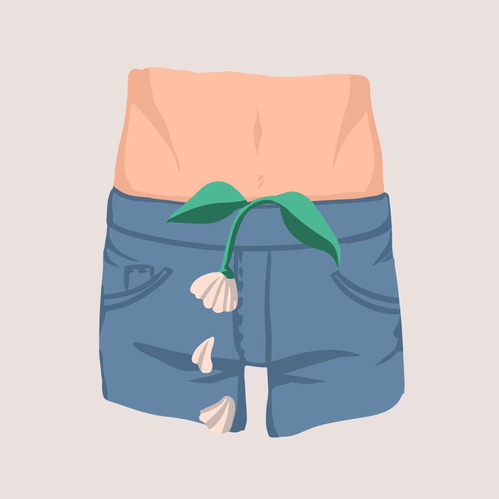 Men's groin and withered flower with falling petals. Concept of impotence, erectile dysfunction or malfunction, inability to obtain penile erection during sexual activity. Colored illustration. vector