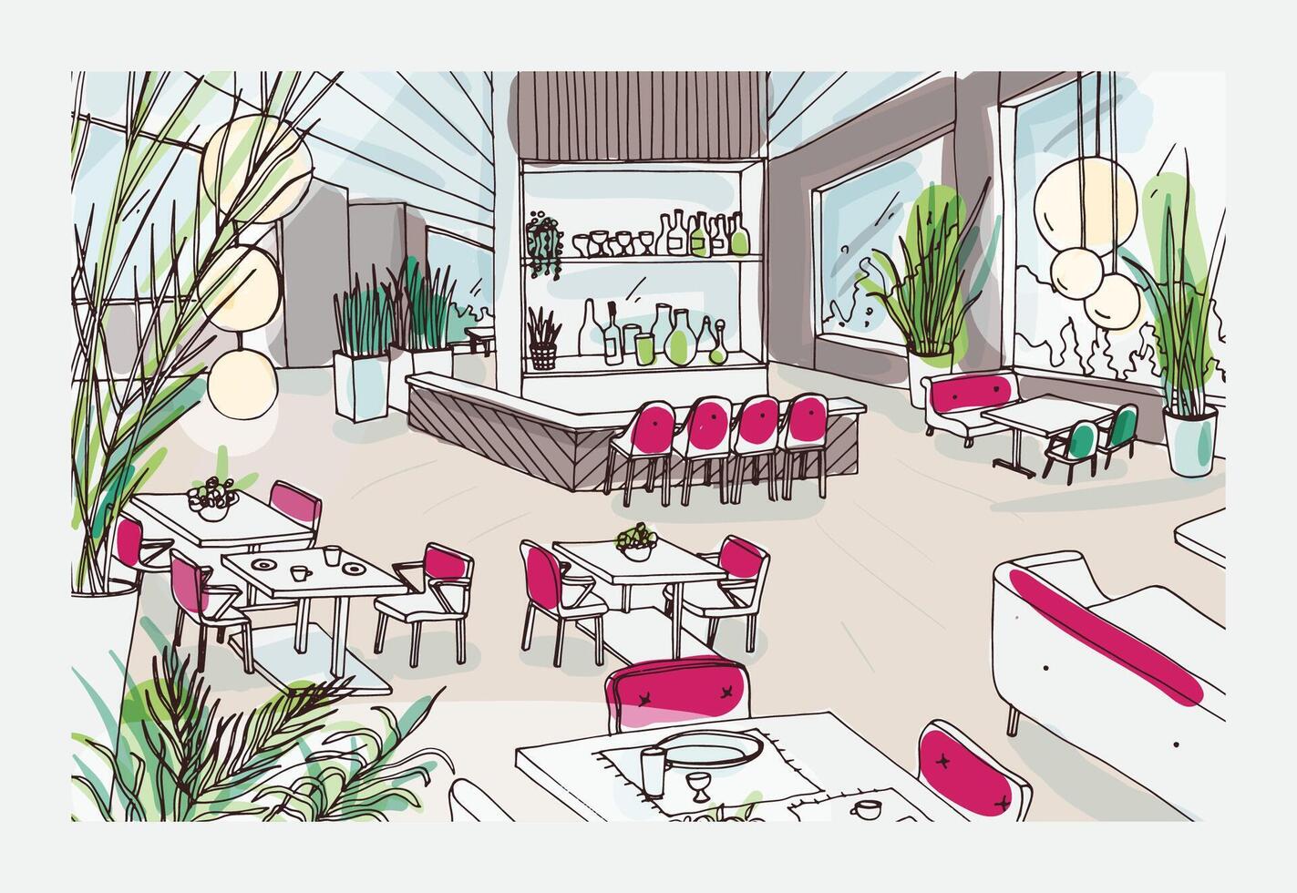Colorful freehand drawing of restaurant or bistro interior with modern furnishings - tables, chairs, pendant lights, potted plants. Cafe or bar furnished in elegant loft style. illustration. vector