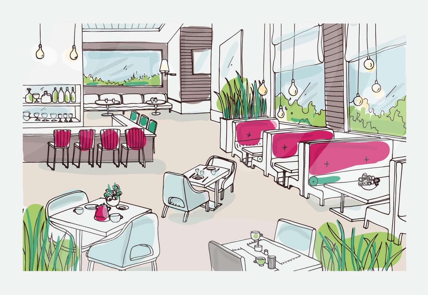 Colored freehand sketch of furnished interior of fancy restaurant or bistro. Colorful drawing of modern spacious cafe or coffee house full of stylish furnishings. Hand drawn illustration. vector