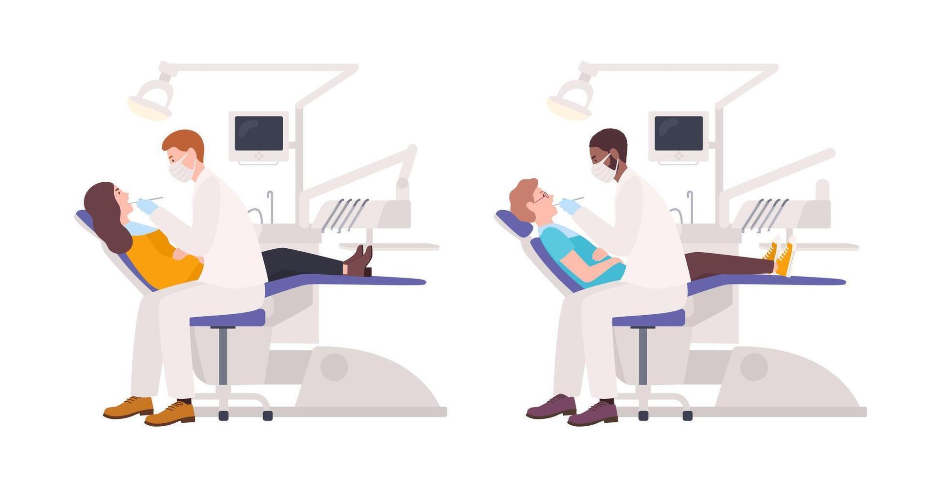 Bundle of dentists examining male and female patients lying in chairs. Set of dental surgeons treating man and woman isolated on white background. Flat cartoon characters. illustration. vector