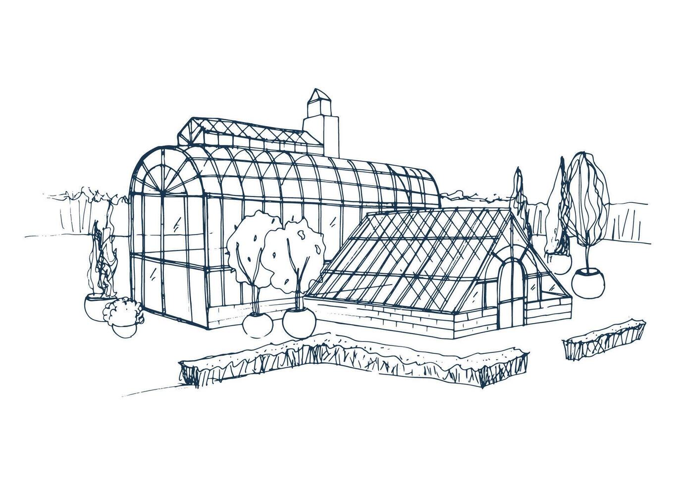 Freehand sketch of exterior of exotic botanical garden surrounded by bushes and trees growing in pots. Rough drawing of facade of glass greenhouse. Monochrome hand drawn illustration. vector