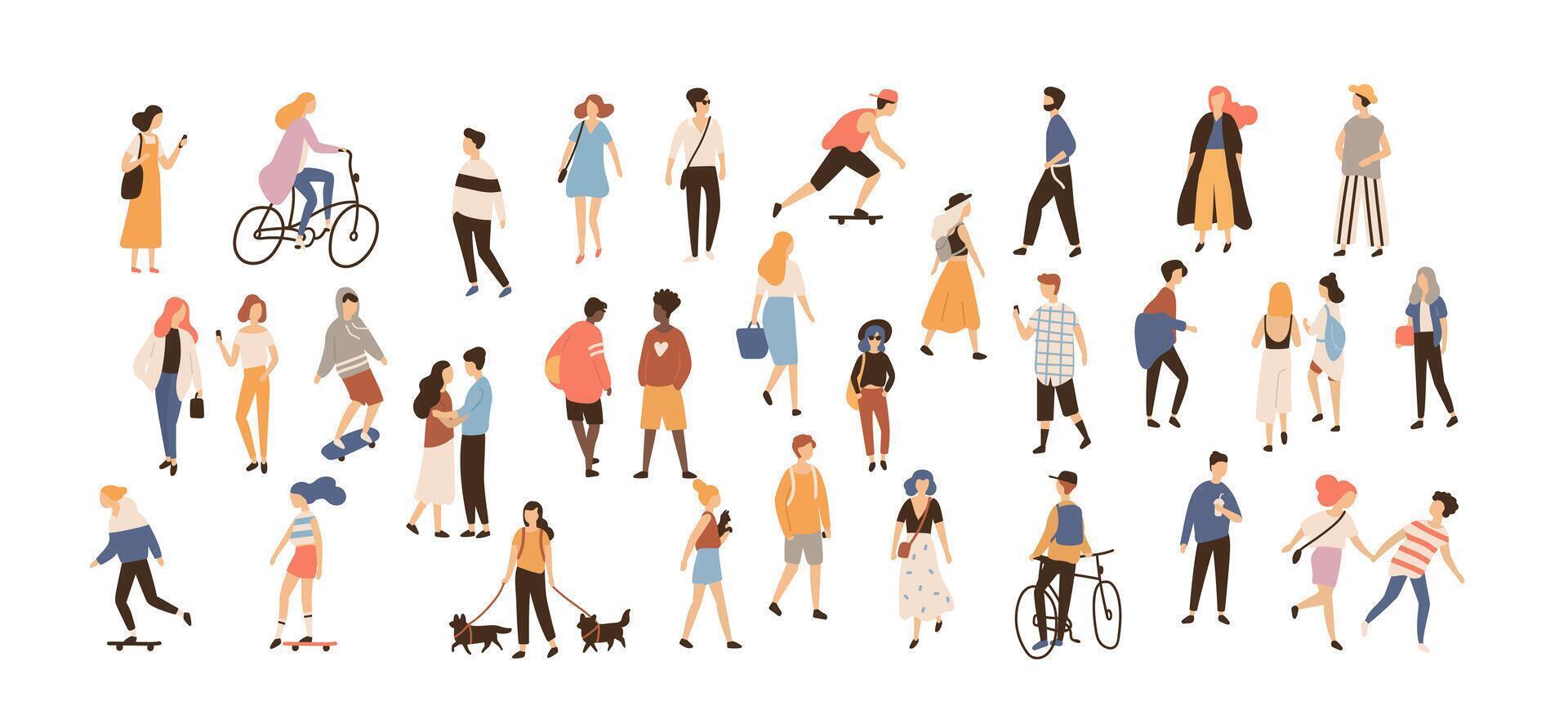 Crowd of people performing summer outdoor activities - walking dogs, riding bicycle, skateboarding. Group of male and female flat cartoon characters isolated on white background. illustration. vector