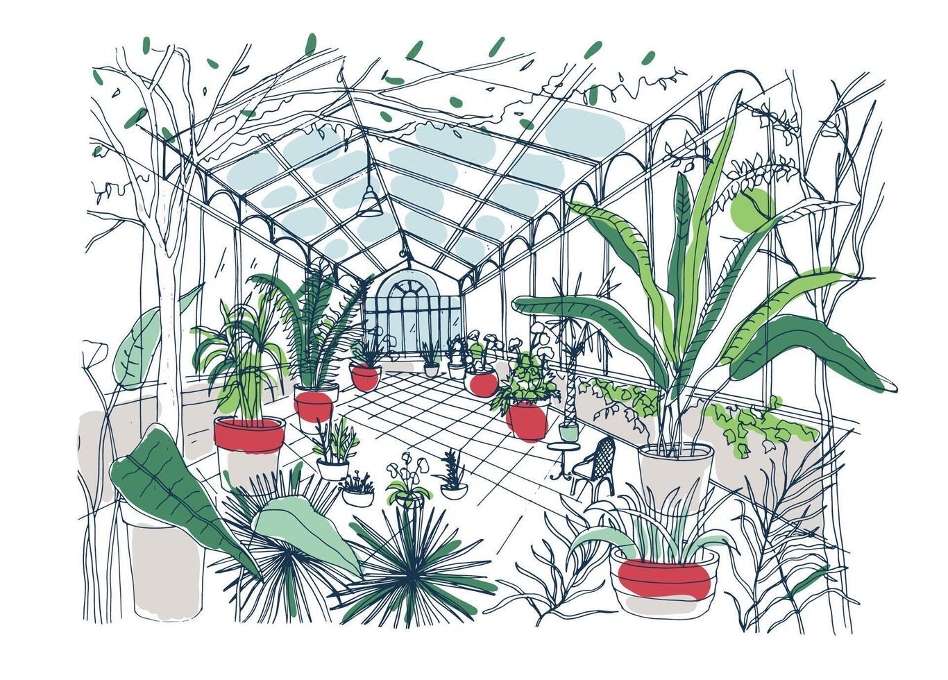 Freehand drawing of interior of botanical garden full of tropical plants with green foliage. Rough sketch of orangery with exotic trees growing in pots and panoramic windows. illustration. vector