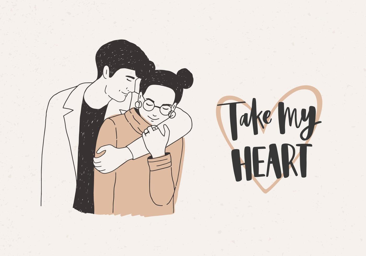 Valentine's day greeting card or postcard template with charming embracing young modern man and woman and Take My Heart inscription on light background. Hand drawn holiday illustration. vector