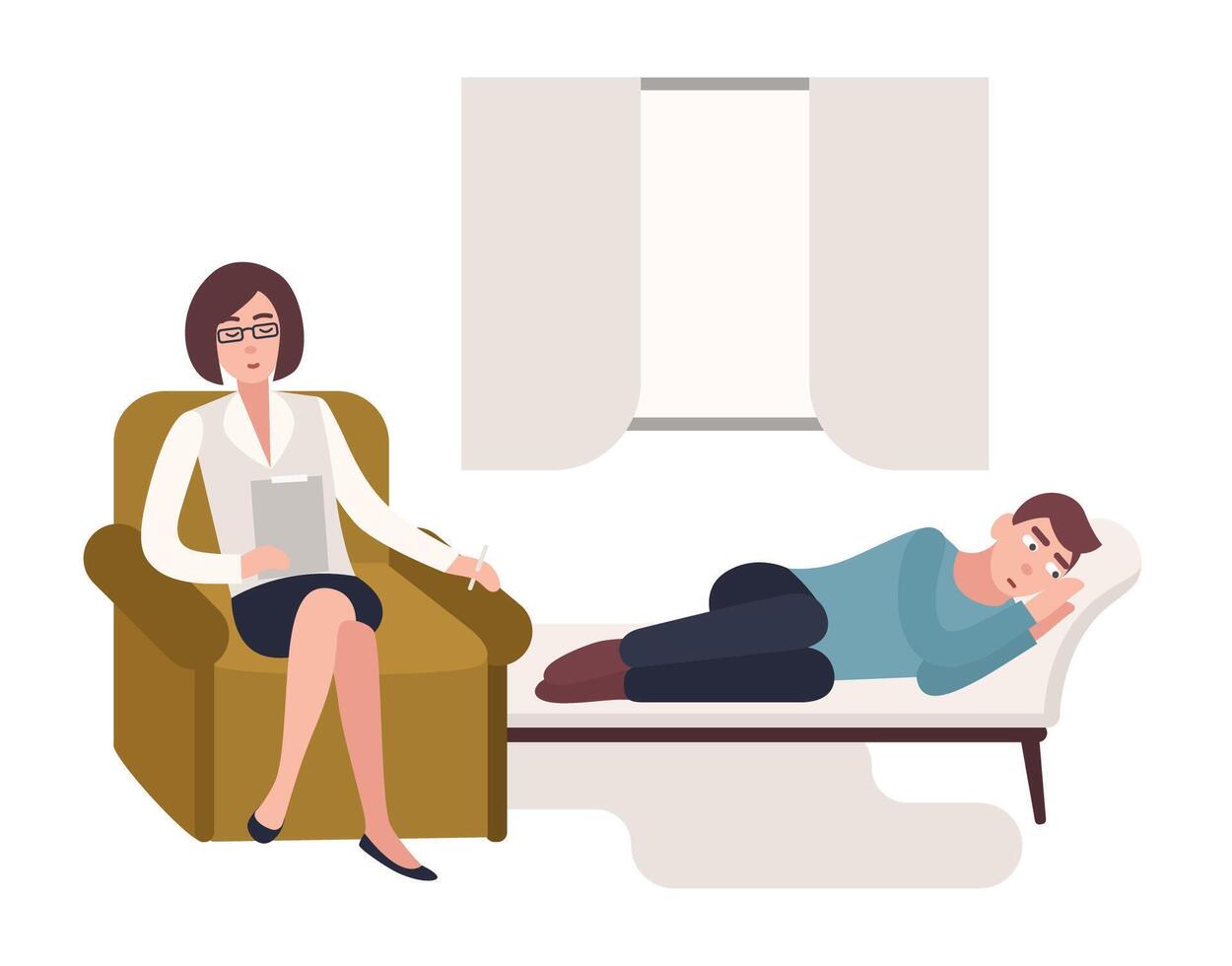 Man lying down on couch and female psychologist, psychoanalyst or psychotherapist sitting in chair beside him with notebook in hand and asking questions. Flat cartoon colorful illustration. vector