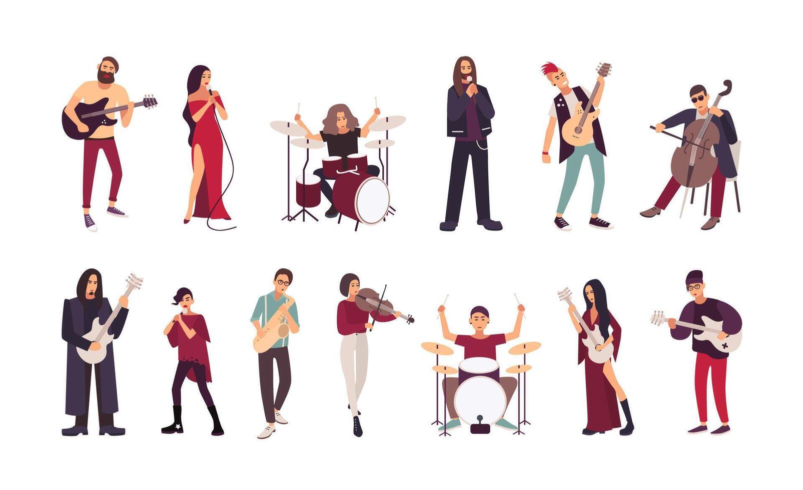 Collection of male and female singers and musicians isolated on white background. Men and women singing and playing guitar, cello, drum kit, violin, saxophone. Cartoon flat illustration. vector