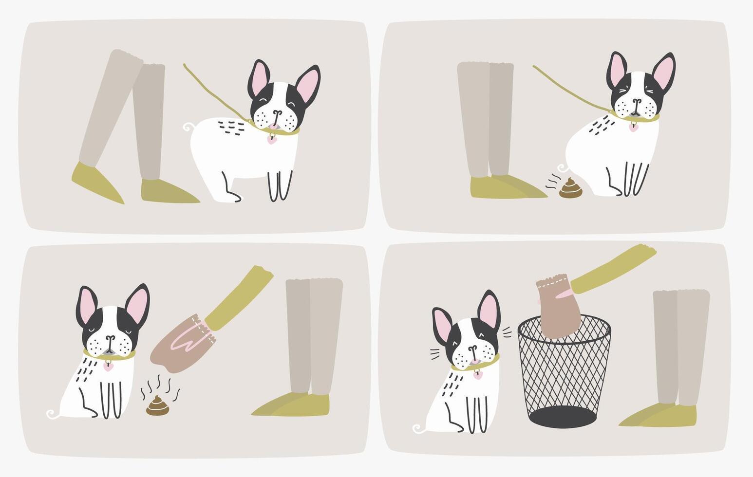 How to pick up dog poop using plastic bag and throw it in trash can, step-by-step manual or instruction. Way of cleaning up after pet during daily walk. Cute cartoon colorful illustration. vector