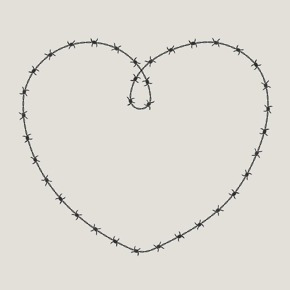 Barbed wire frame corner, coiled into heart shape. vector