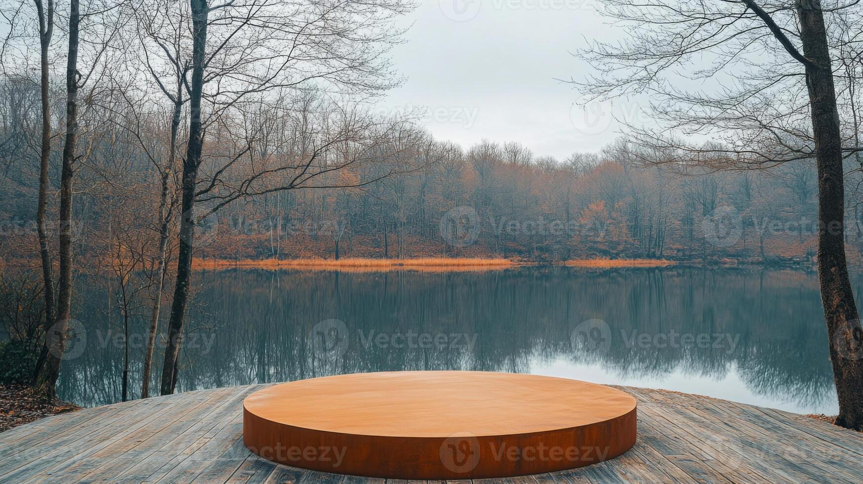 Early morning light casts a soft glow on a circular wooden platform by a serene lake, with bare trees reflecting on the still water's surface, highlighting the peaceful autumn landscape. photo