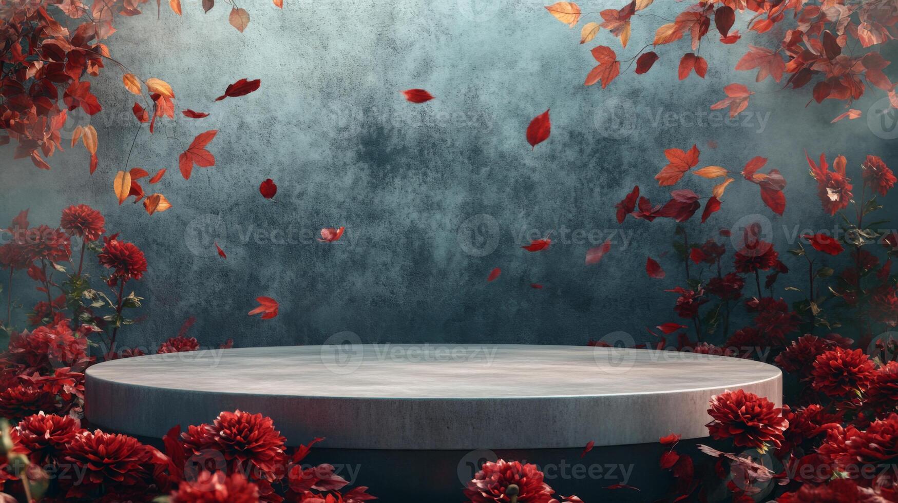 A circular stone platform sits in front of a textured blue wall. Red flowers bloom on either side of the platform. Leaves are falling from the branches above, creating a dreamy and colorful scene. photo