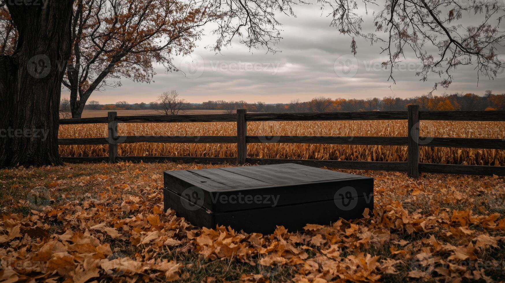 A wooden box rests on a carpet of orange and yellow leaves under a gray sky. Nearby, a wooden fence borders a vast field, showcasing the serene beauty of rural autumn. photo