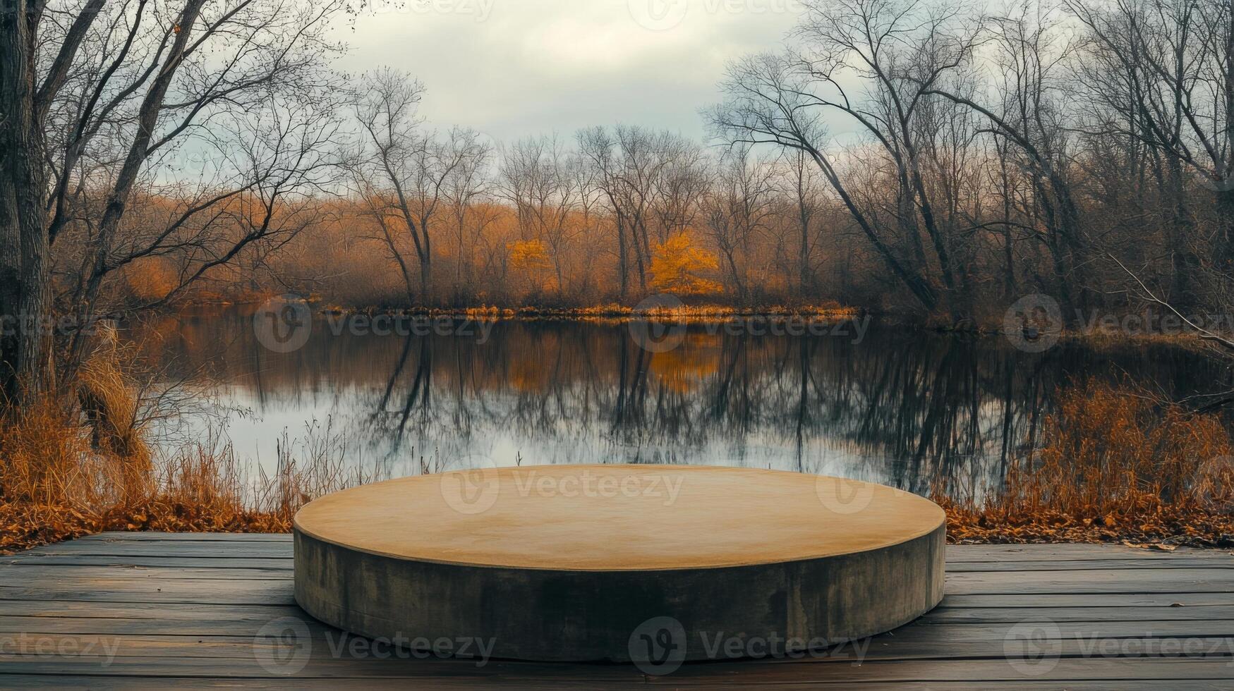 A circular concrete platform sits on wooden decking, overlooking a calm lake surrounded by trees displaying autumn colors. This serene location invites reflection and connection with nature. photo