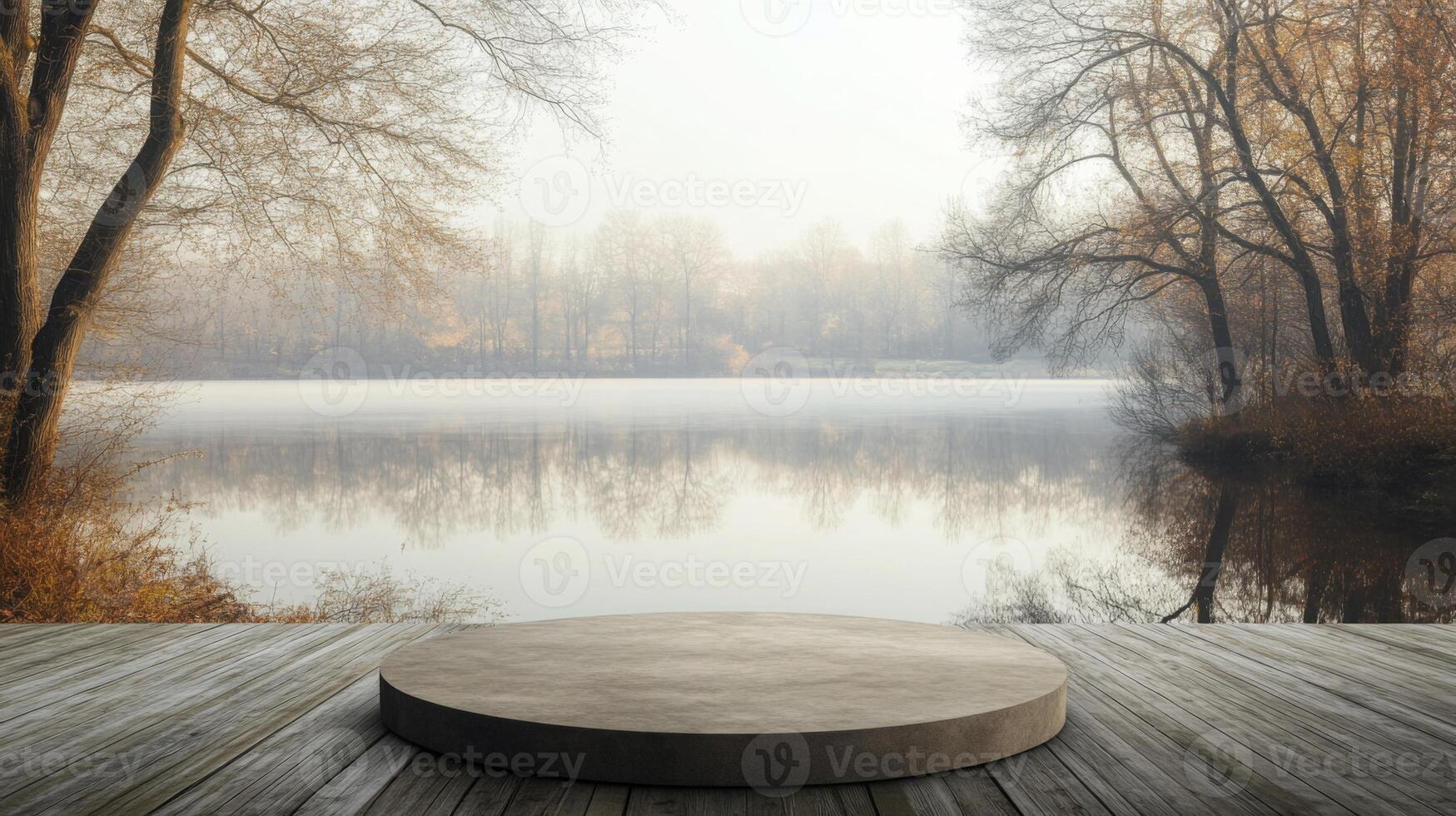 A wooden platform extends over a lake with a circular, stone surface in the foreground. Bare trees line the lake's edge, with a dense fog covering the water photo