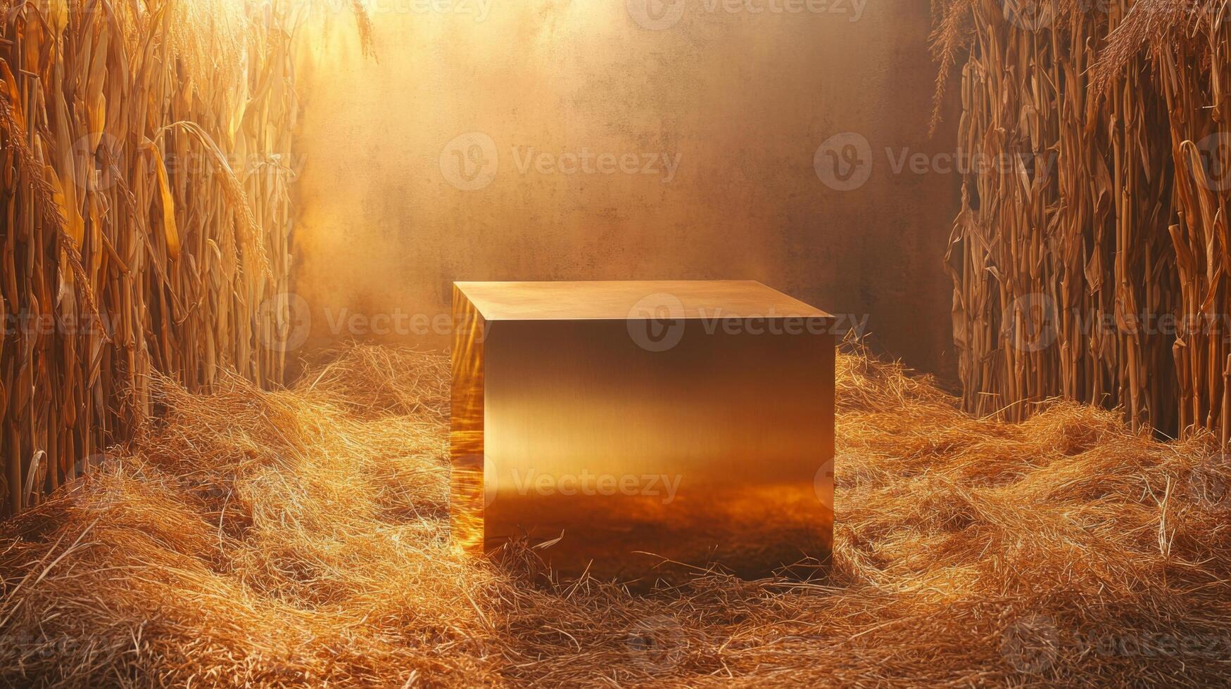 A luminous golden cube is positioned in the center of a cornfield, surrounded by straw. The evening light casts a warm glow, creating an intriguing atmosphere as dusk settles around the scene. photo