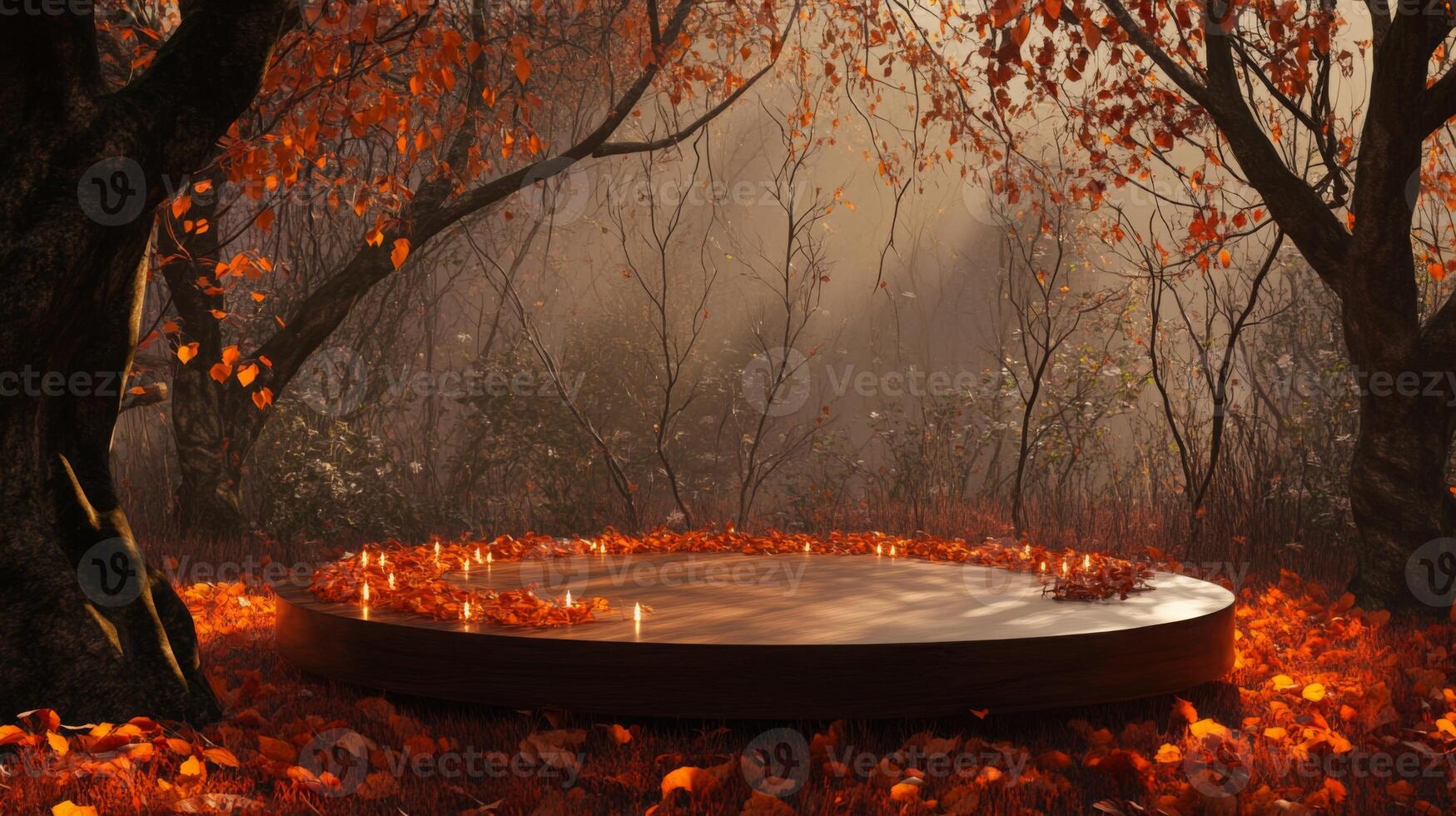 In a tranquil forest at dawn, a circular platform is covered with vibrant autumn leaves photo