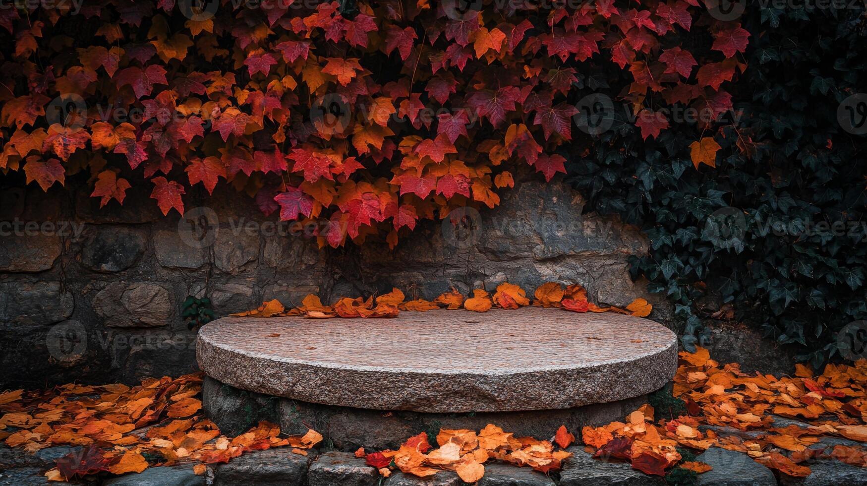 This serene spot has a smooth stone platform surrounded by vibrant autumn leaves and ivy-covered walls, making it perfect for reflection. photo