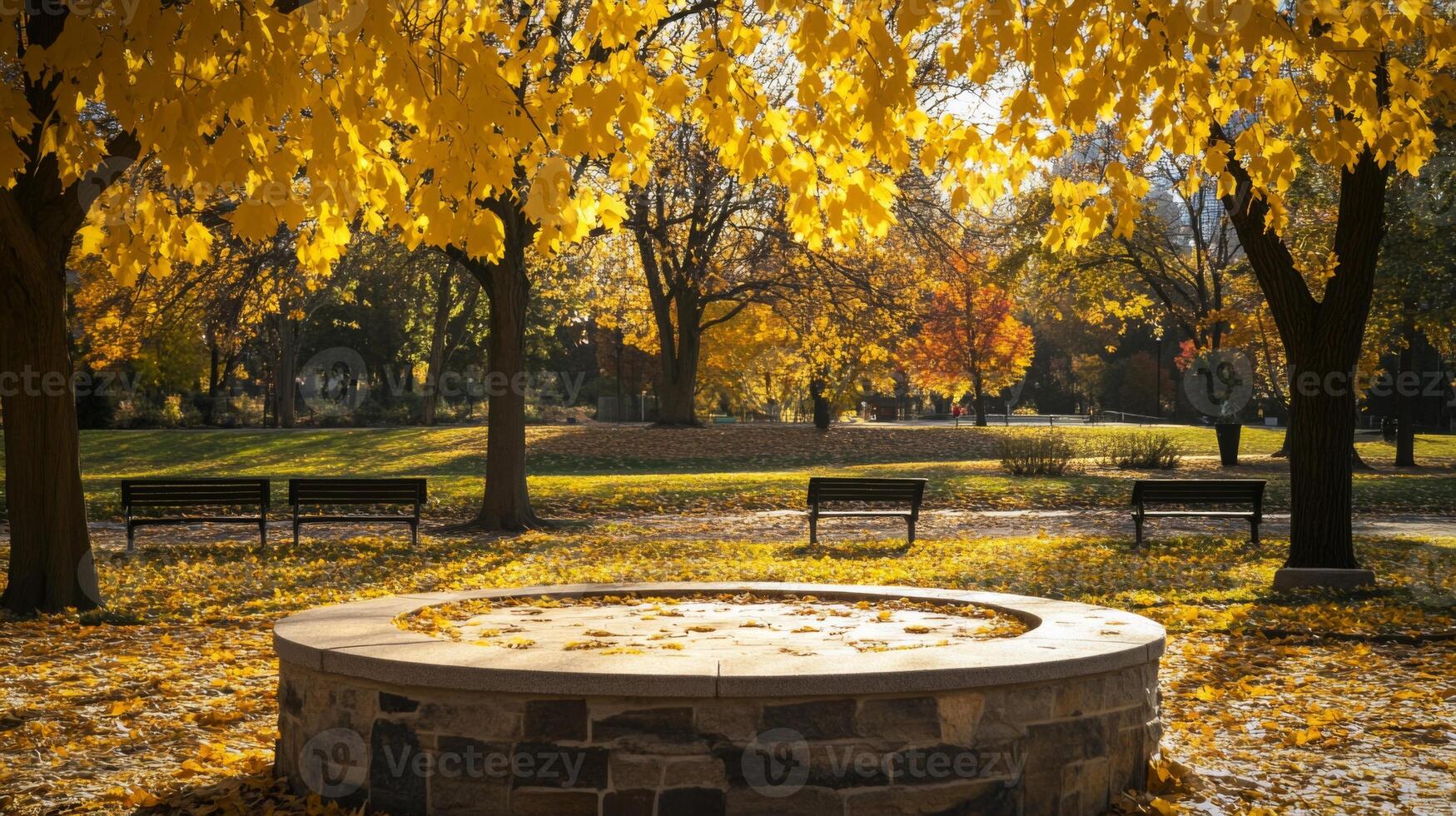 A tranquil park in autumn showcases vibrant yellow foliage, a circular stone bench, and fallen leaves beneath golden trees, creating a peaceful, picturesque scene. photo