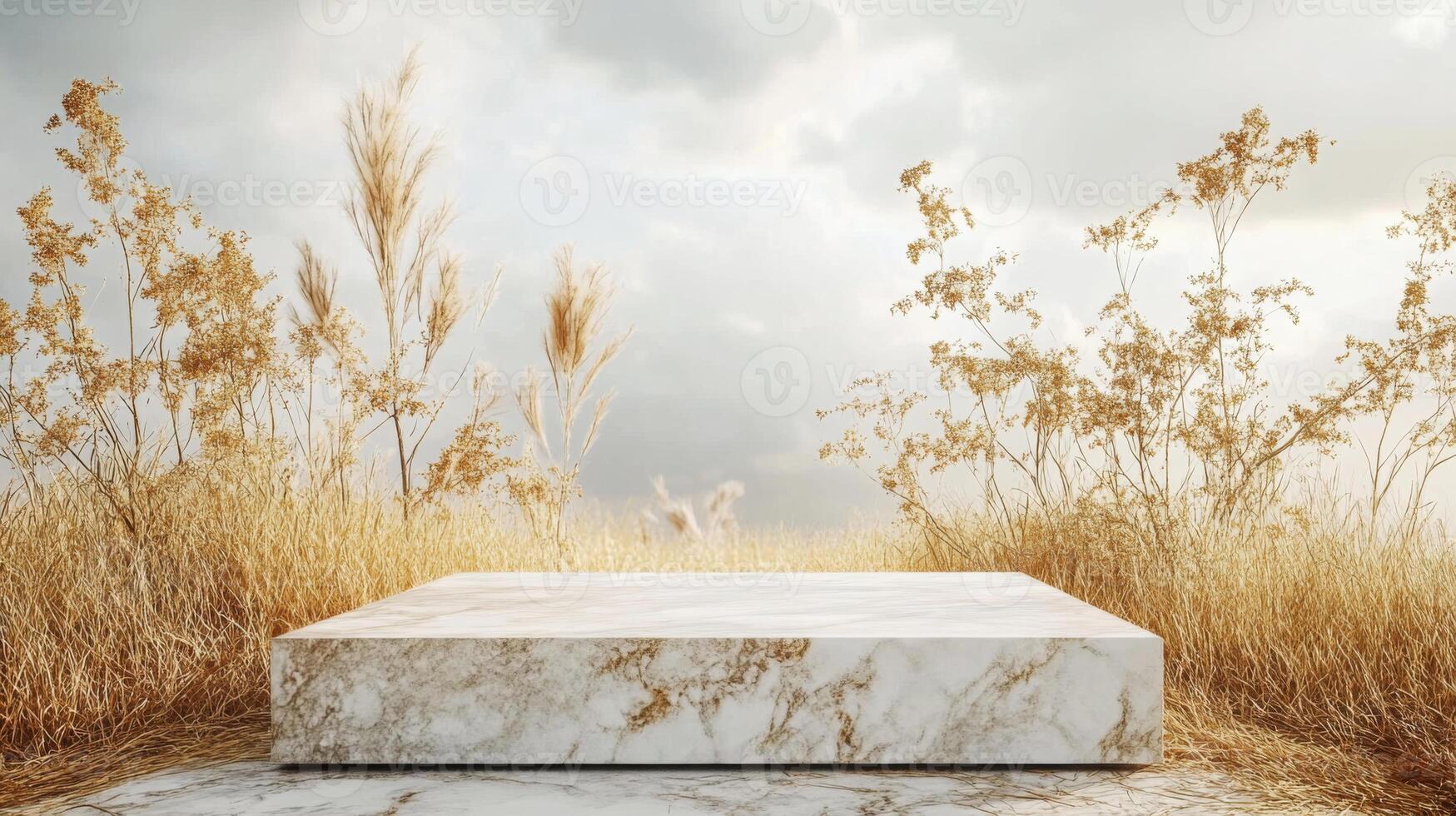 A white marble platform sits on a gray, marbled surface. Behind the platform is a field of tall, golden grass. The grass is interspersed with taller plants with brown, feathery stalks photo